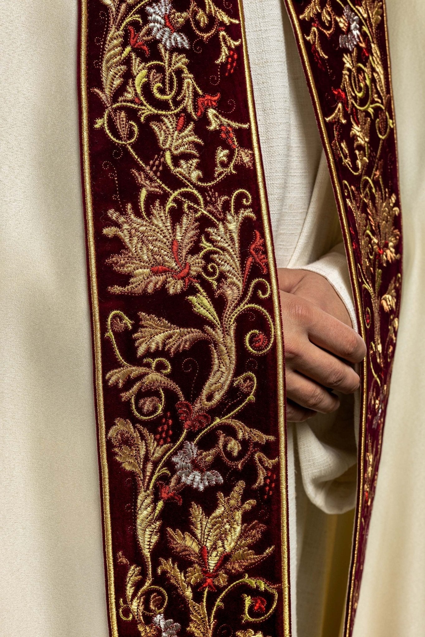 Embroidered cope made on velvet texture with big gold embroidery and JHS symbol KKP/004/05/20/PA 145cm - HAFTINAUSA.COM