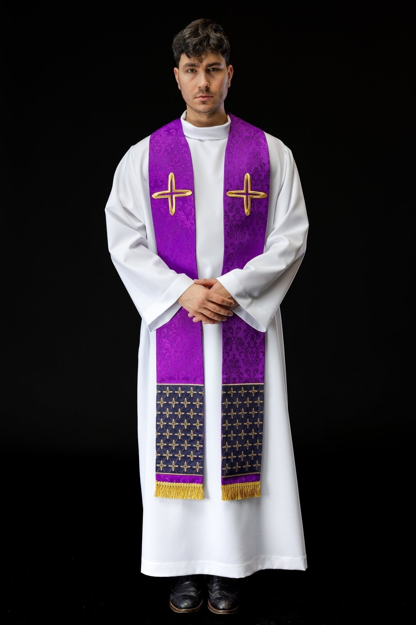 Embroidered jacquard stole with cross motifs purple S - 2054 - 03 - 67 - HAFTINAUSA.COM