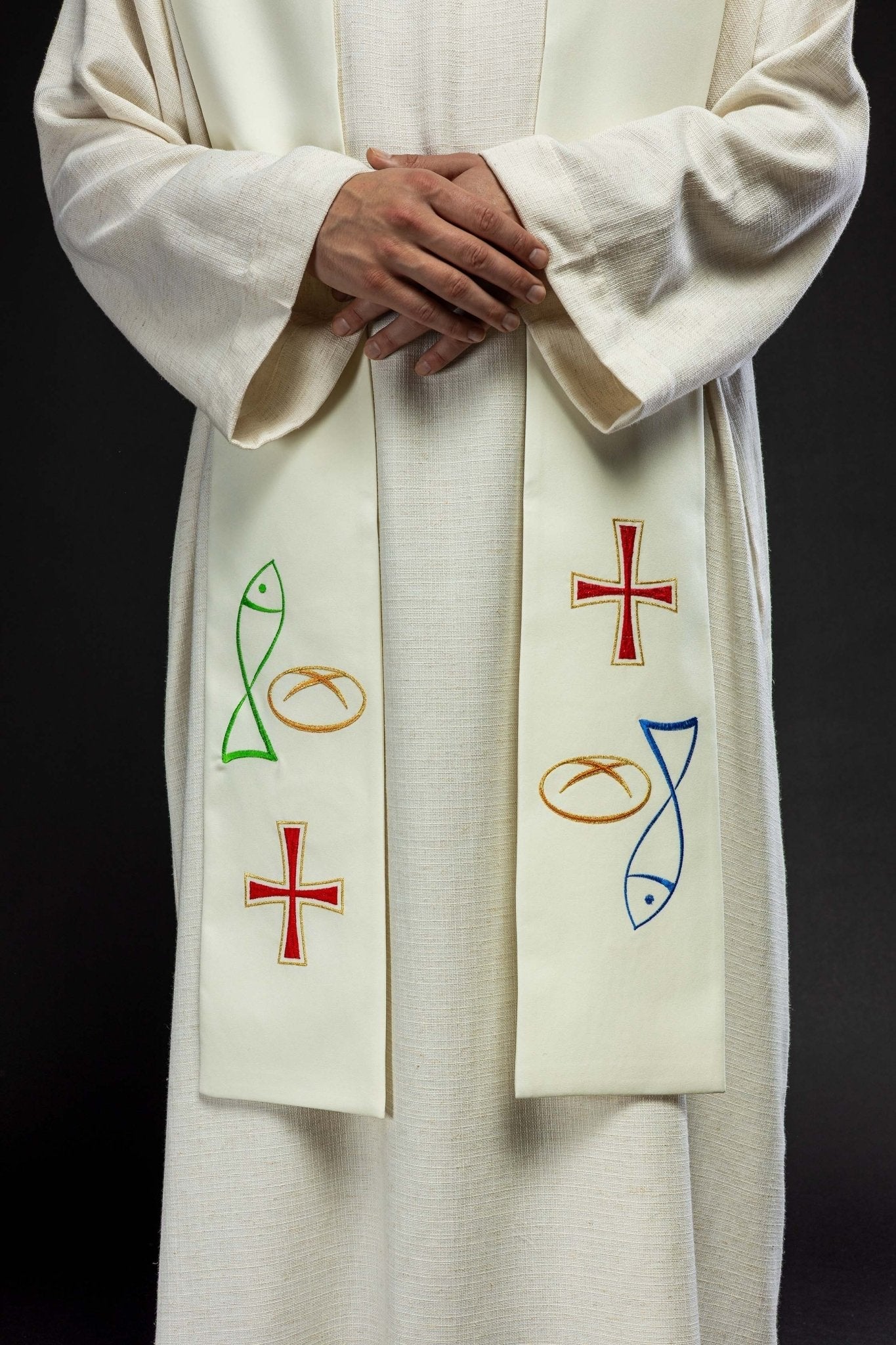 Embroidered priestly stole with Bread Cross Fish motif in ecru KST/007/05/12 ECRU - HAFTINAUSA.COM