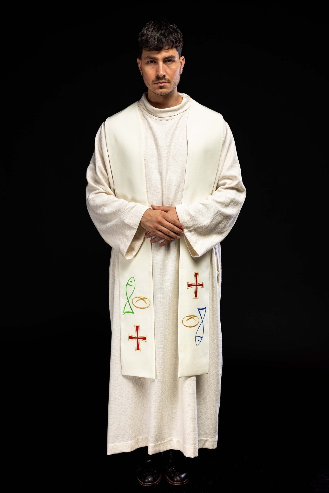 Embroidered priestly stole with Bread Cross Fish motif in ecru KST/007/05/12 ECRU - HAFTINAUSA.COM