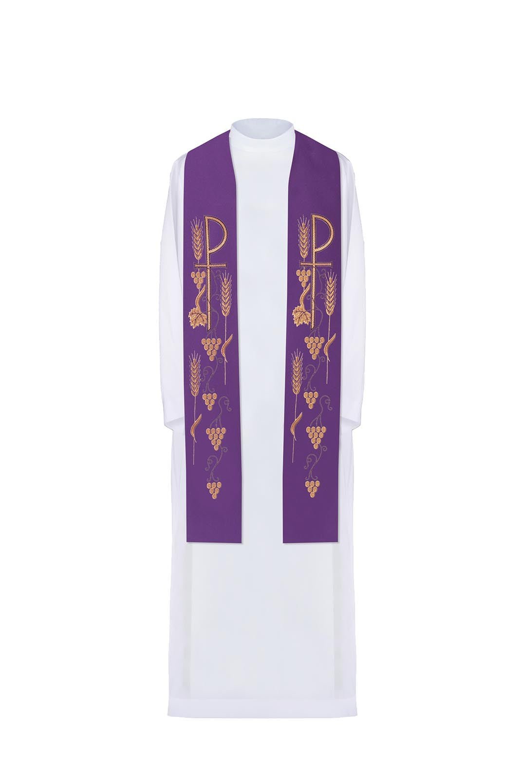 Embroidered priestly stole with cross and grapes in purple KST/027/03/01 FIOLET - HAFTINAUSA.COM
