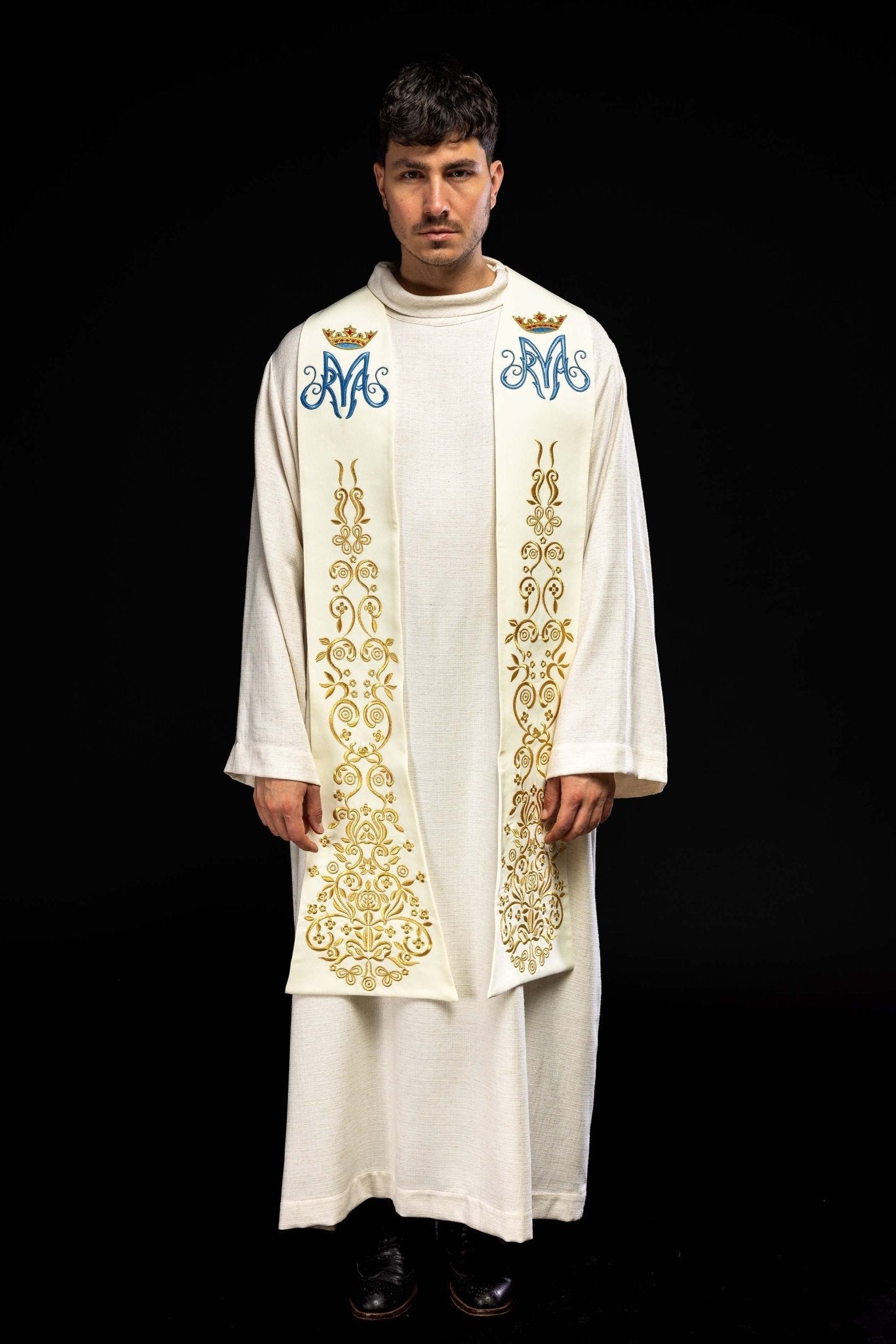 Embroidered priestly stole with Marian motif and crown in ecru KST/040/05/01 ECRU - HAFTINAUSA.COM