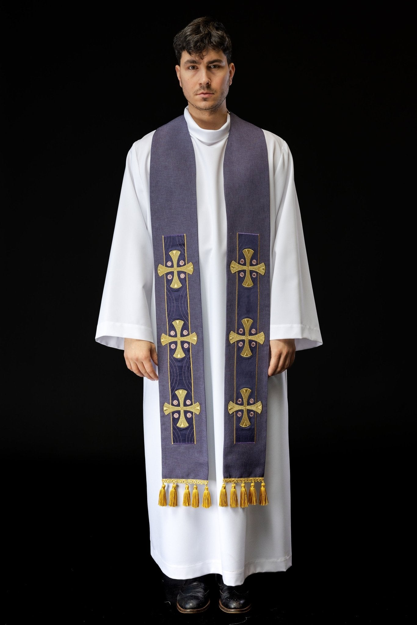 Embroidered stole with crosses purple S - 2068 - 03 - 70 - HAFTINAUSA.COM