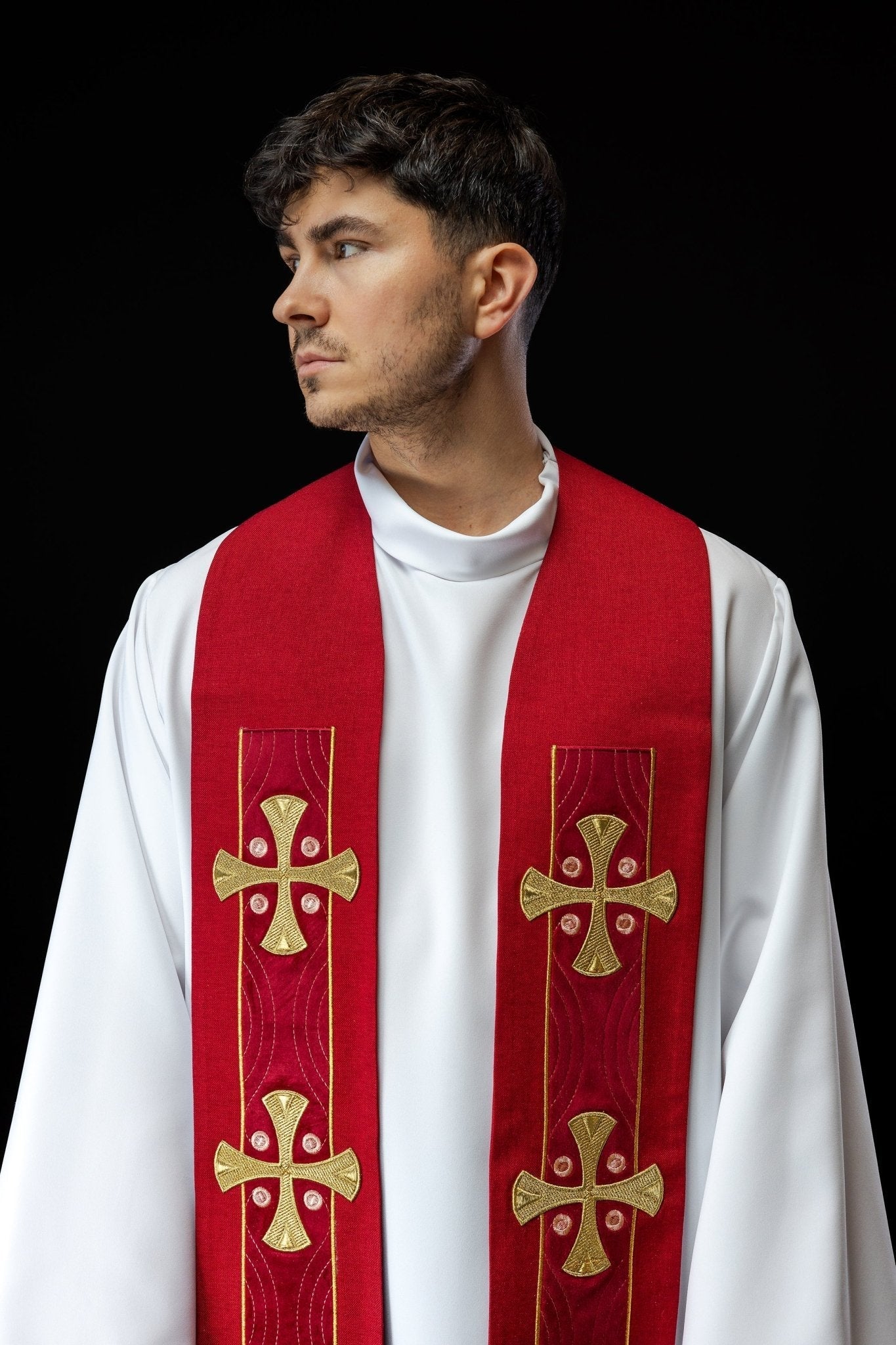 Embroidered stole with crosses red S - 2068 - 02 - 70 - HAFTINAUSA.COM