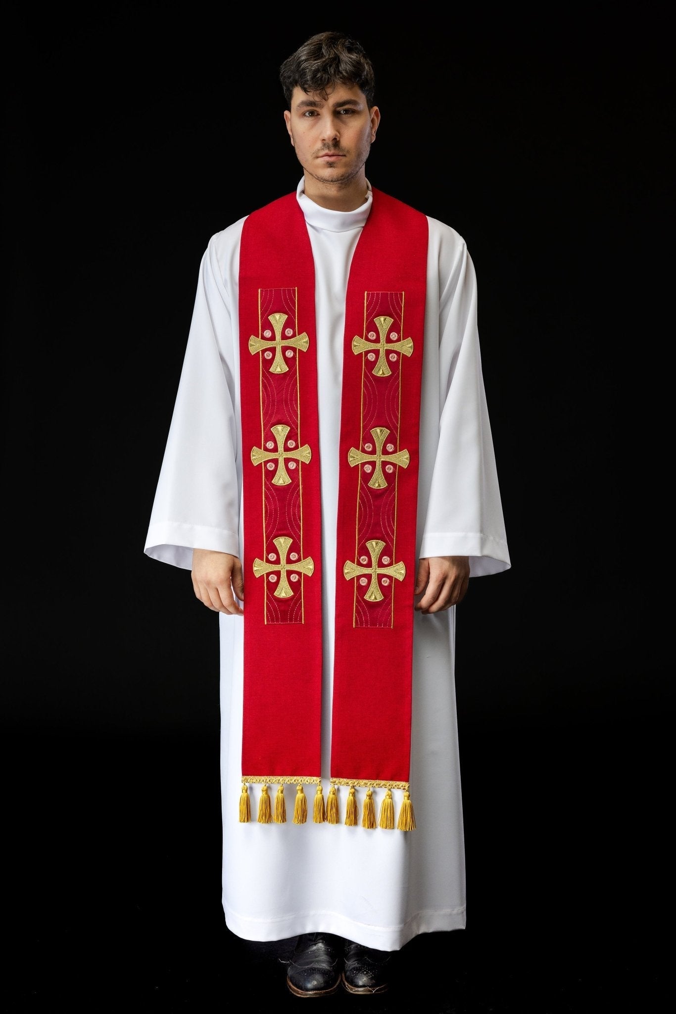 Embroidered stole with crosses red S - 2068 - 02 - 70 - HAFTINAUSA.COM