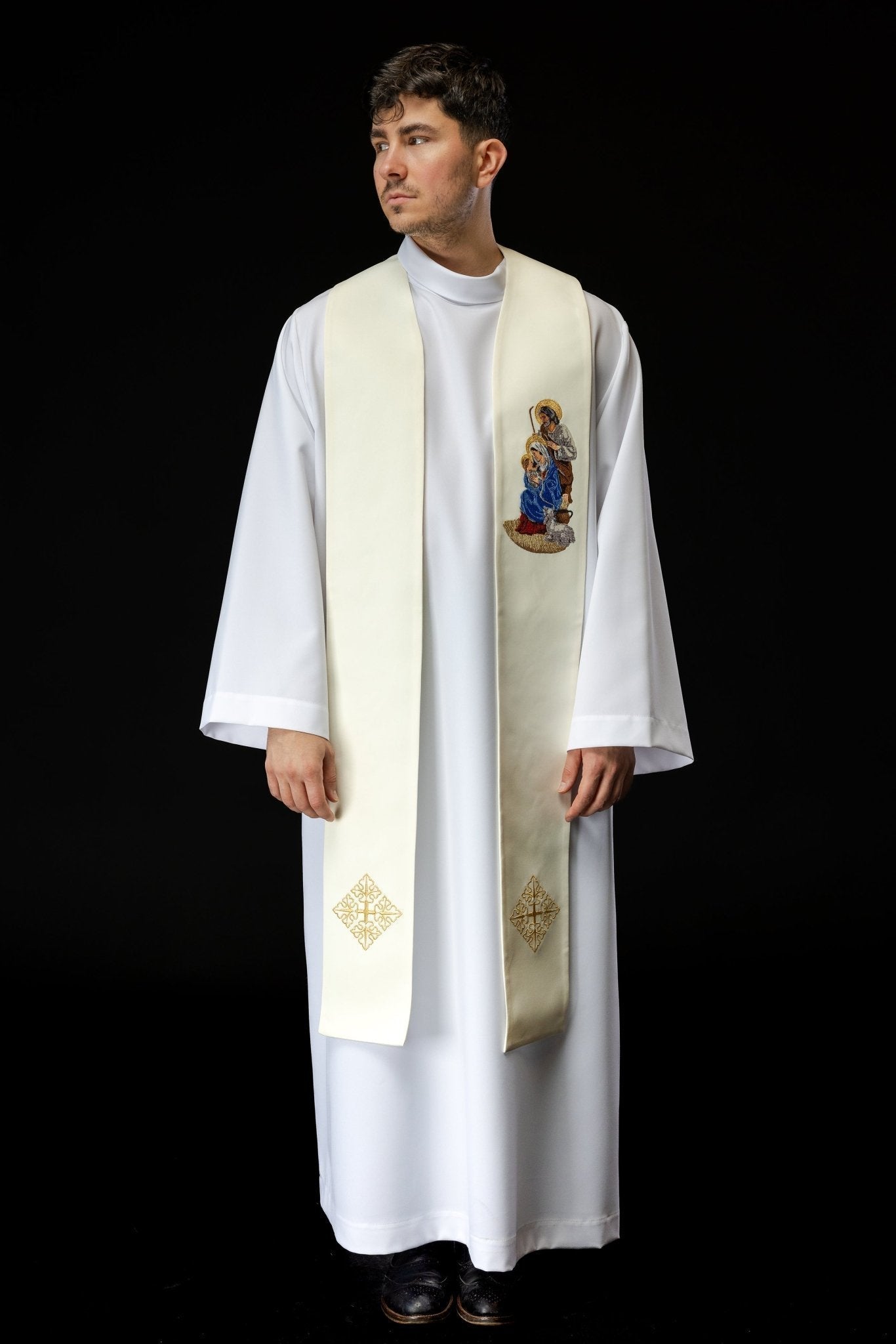 Embroidered stole with the image of the Holy Family for Christmas KZS2/260/05/01 ECRU - HAFTINAUSA.COM