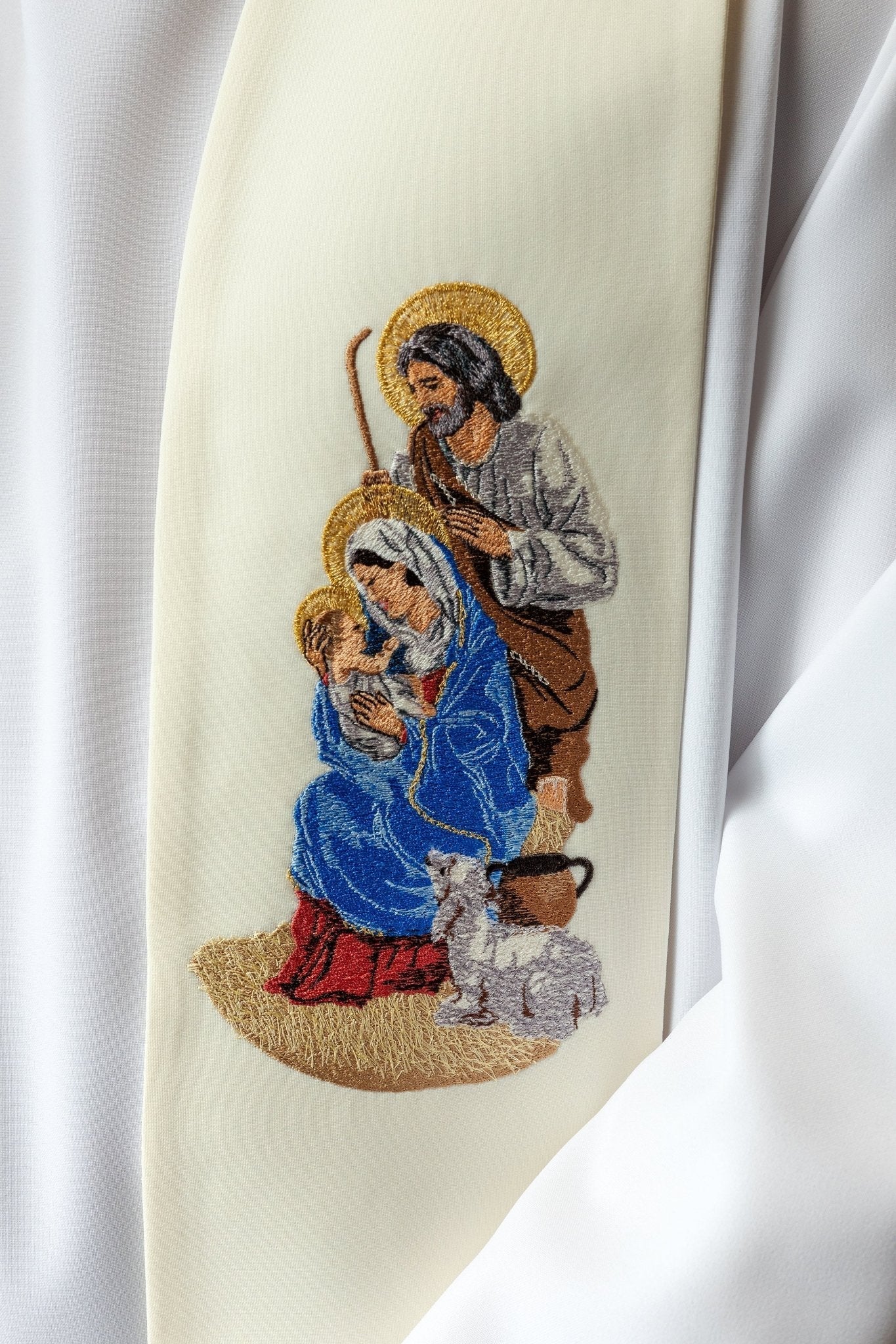 Embroidered stole with the image of the Holy Family for Christmas KZS2/260/05/01 ECRU - HAFTINAUSA.COM