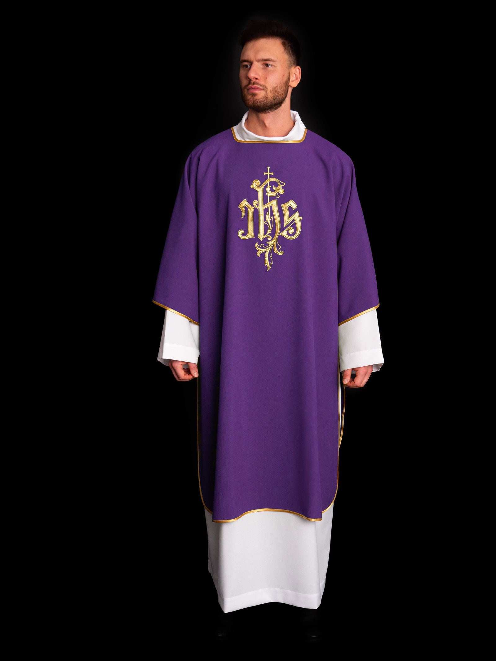 Embroidered dalmatic chasuble with IHS