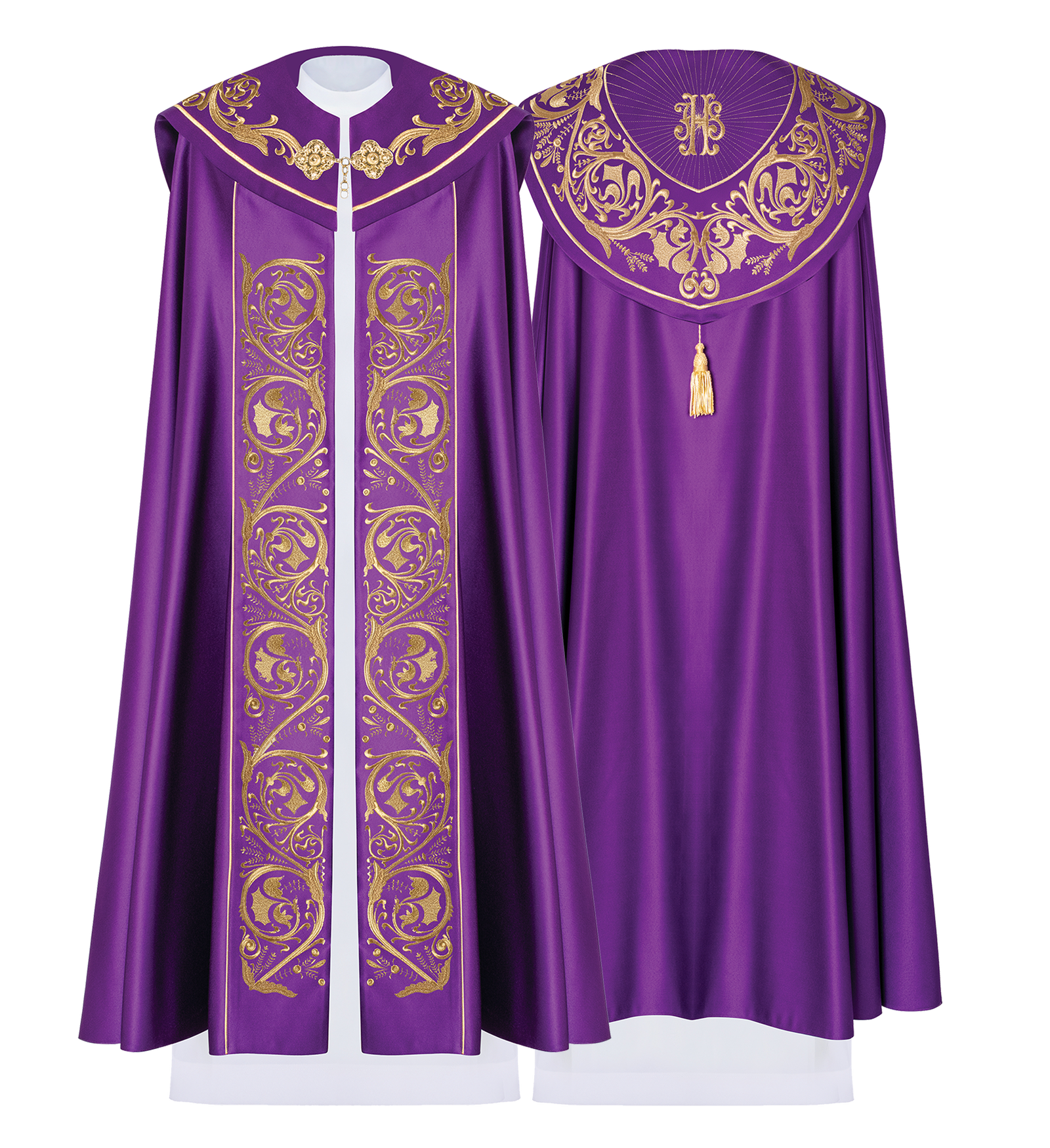 Purple church cope with gold IHS monogram