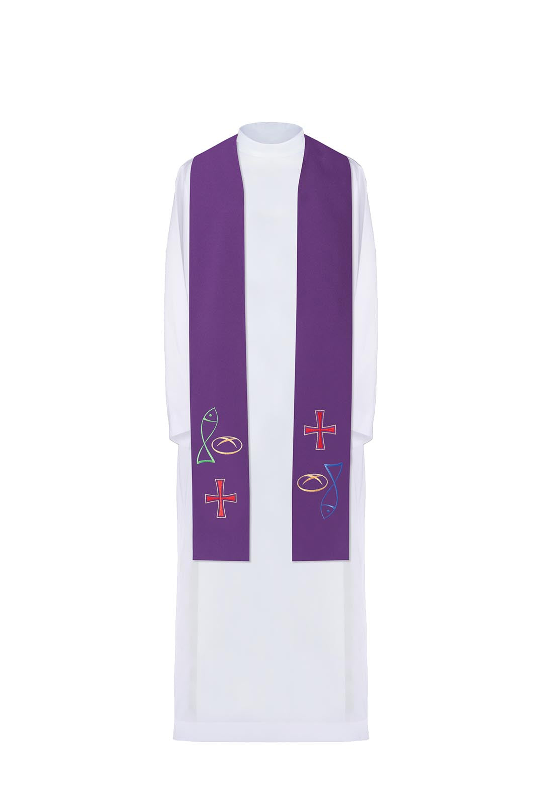 Purple priestly stole with embroidered Bread Cross Fish motif - HAFTINAUSA.COM