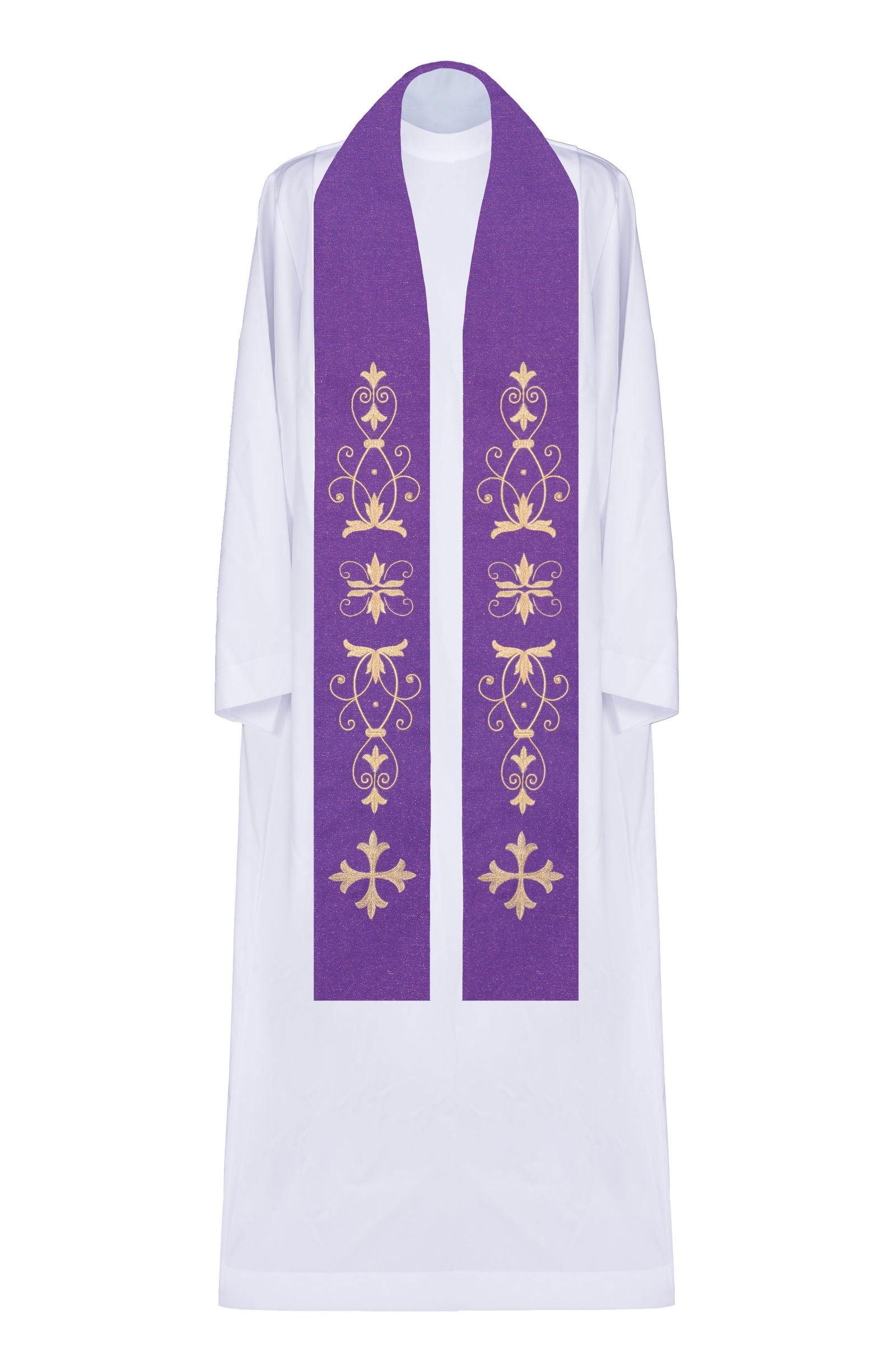 Purple stole with embroidered cross and floral motif