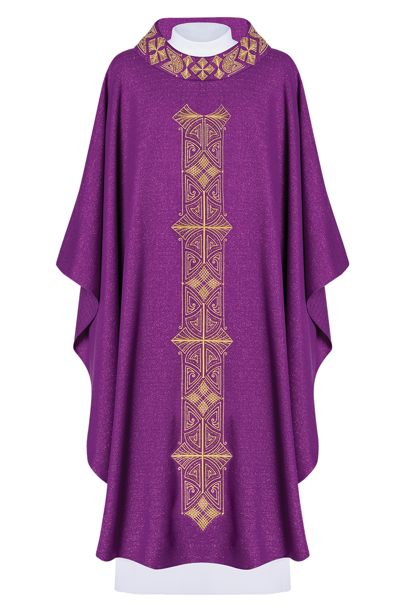 Shiny, richly embroidered purple chasuble