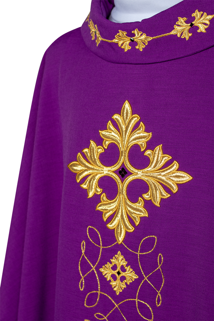 Richly embroidered chasuble with cord and stones