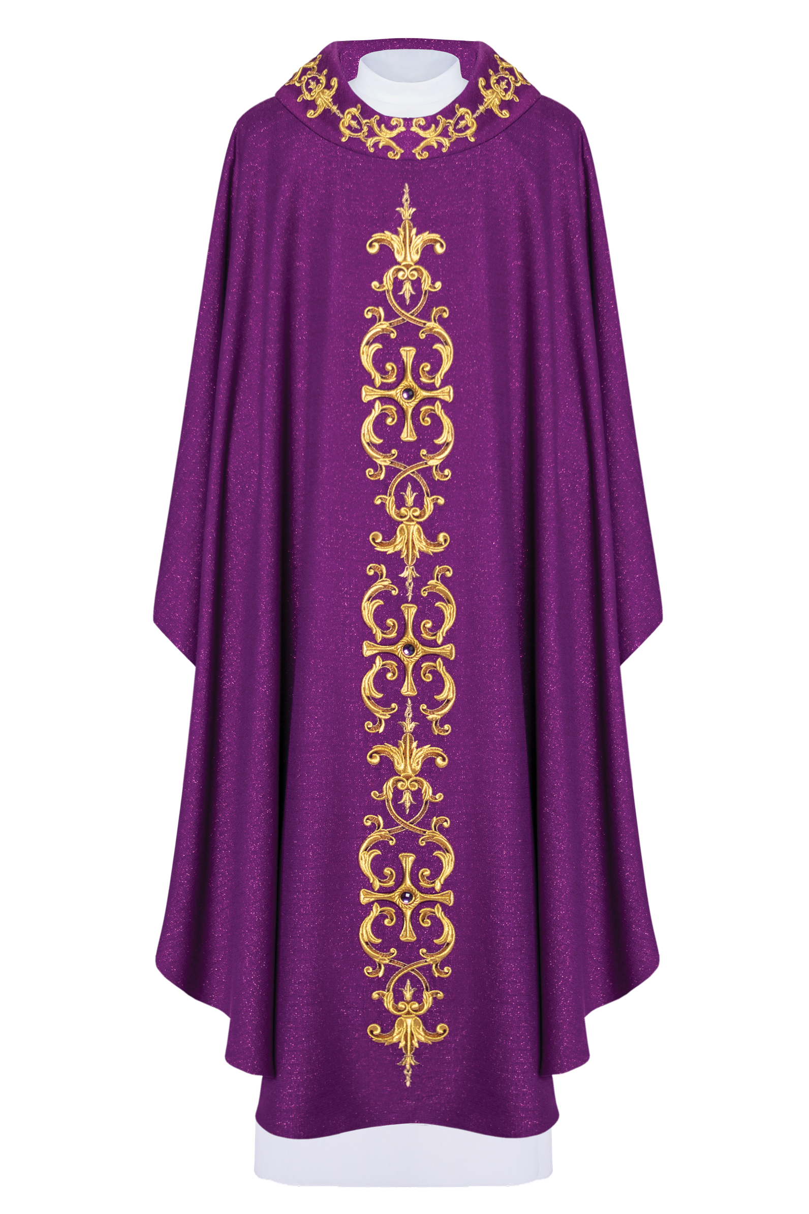 Purple chasuble richly embroidered with gemstones