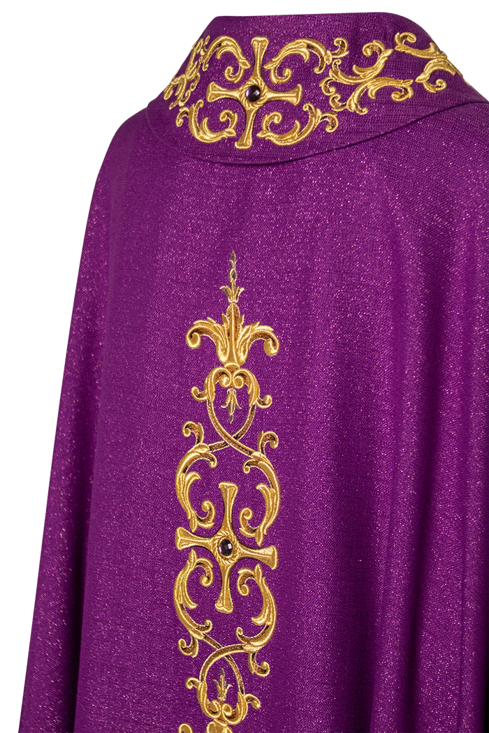 Purple chasuble richly embroidered with gemstones