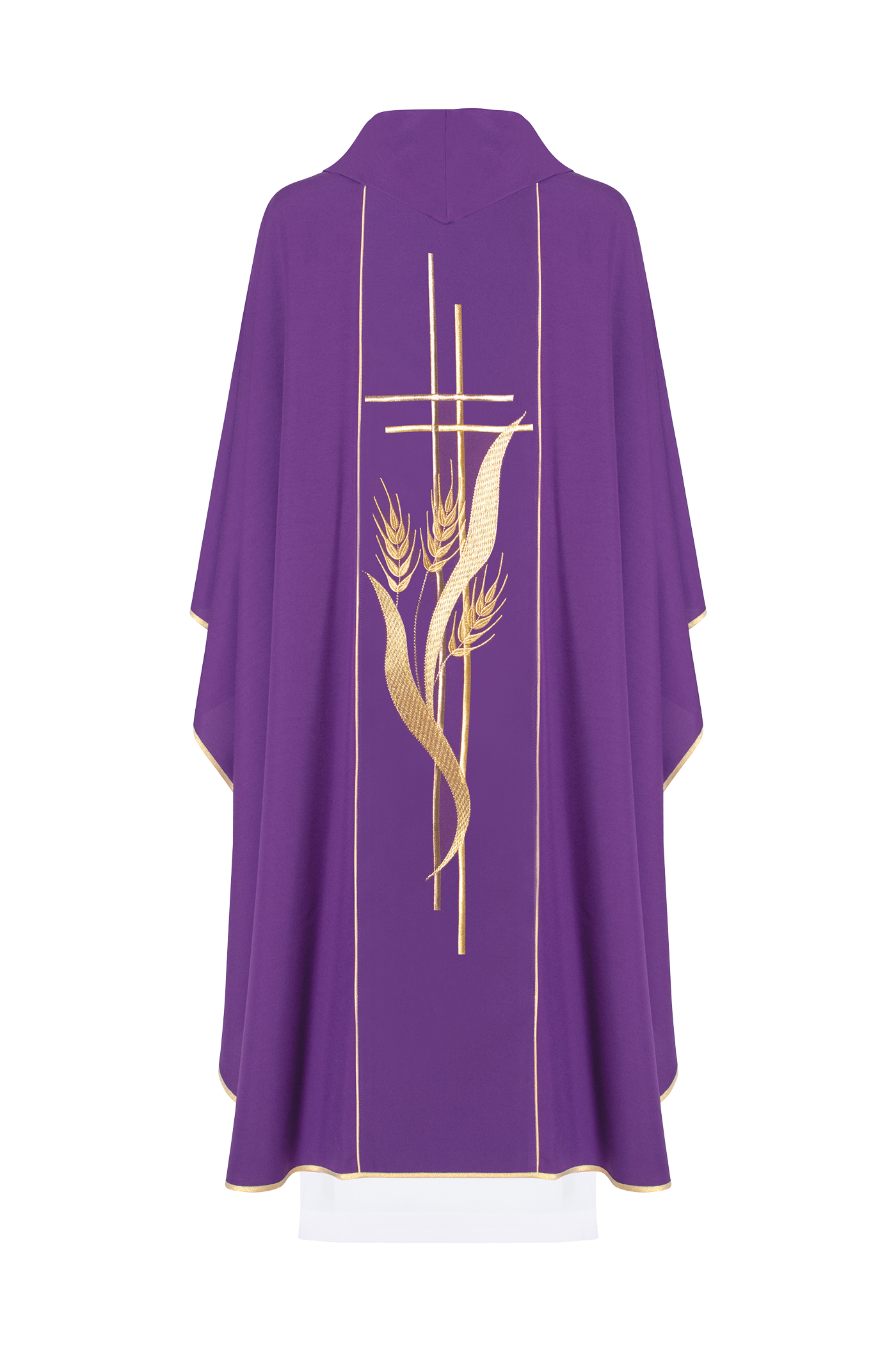 Purple chasuble embroidered with motifs of cross and wheat