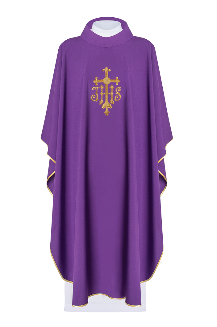 Chasuble embroidered with IHS symbol in purple