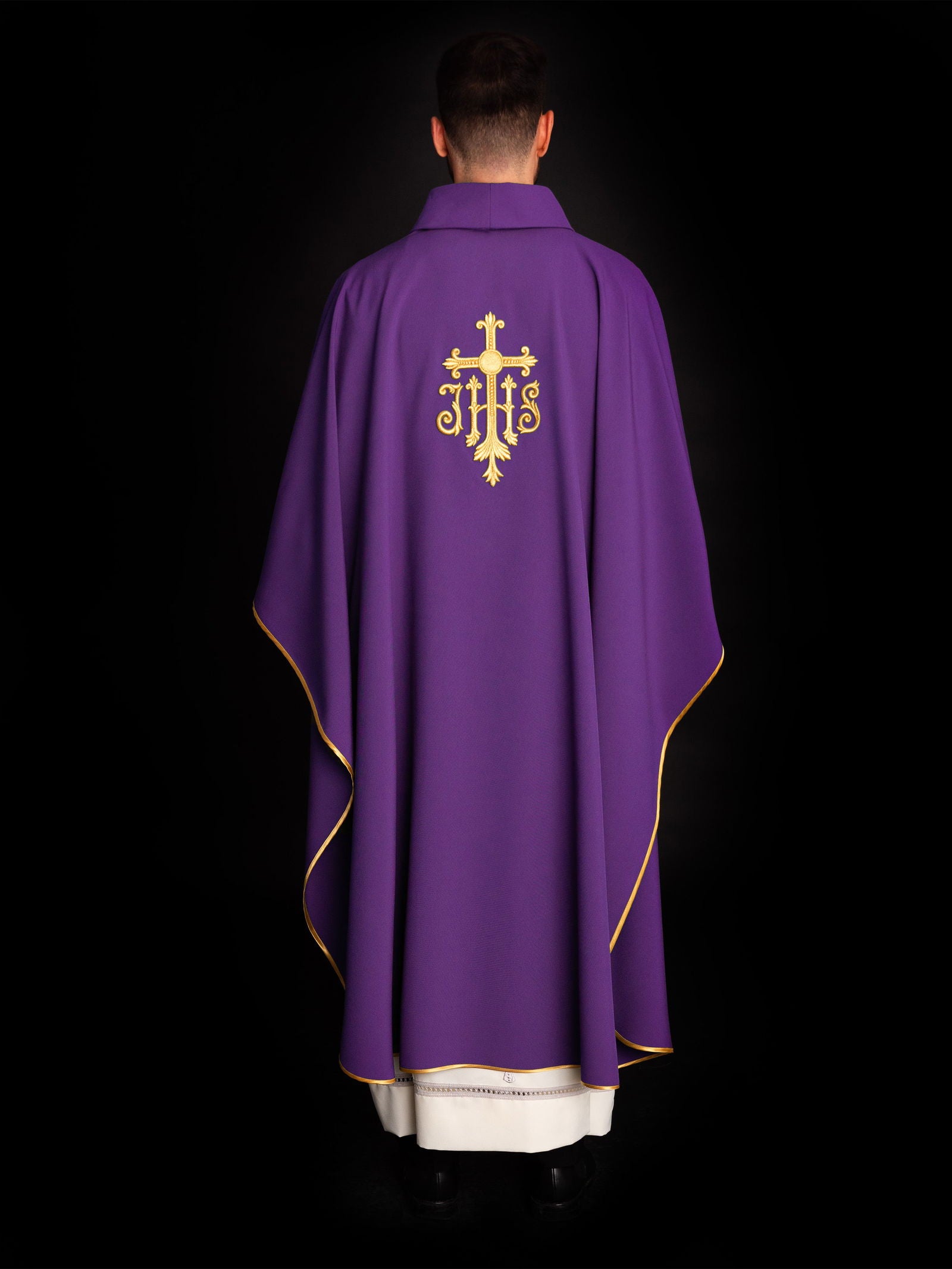 Chasuble embroidered with IHS symbol in purple