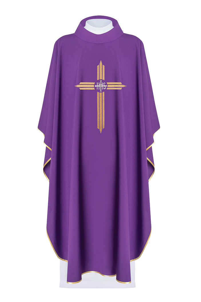 Purple chasuble embroidered with the symbol of Cross IHS