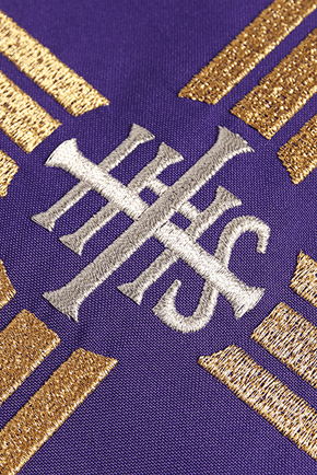 Purple chasuble embroidered with the symbol of Cross IHS