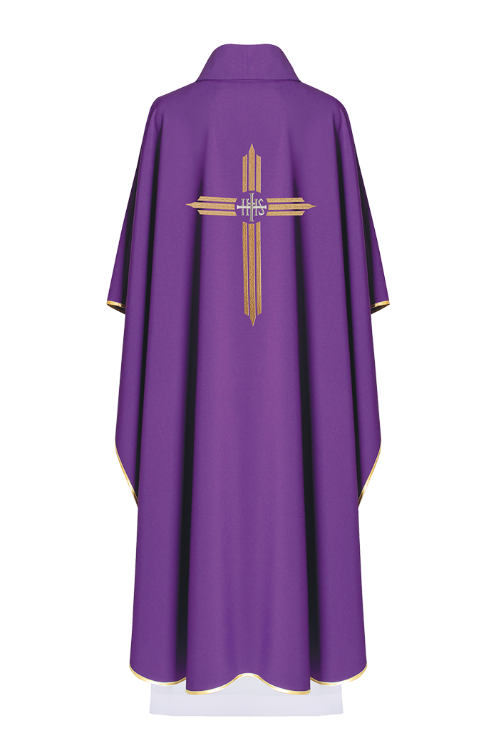 Purple chasuble embroidered with the symbol of Cross IHS