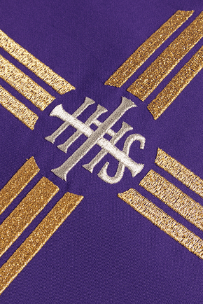 Purple chasuble embroidered with the symbol of Cross IHS