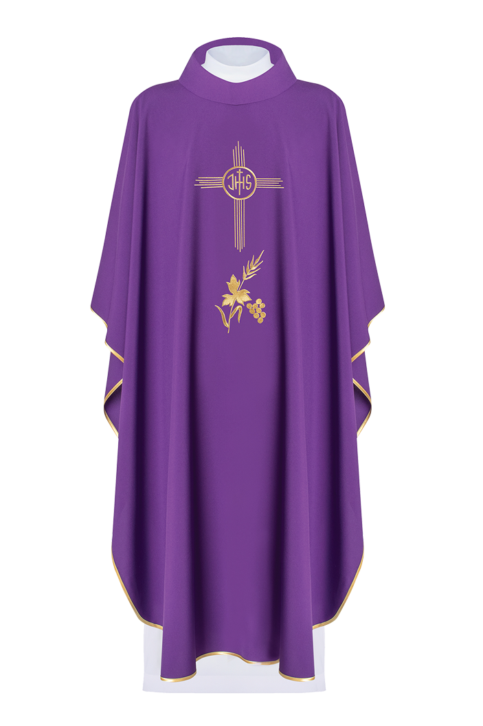 Purple chasuble embroidered with IHS motif