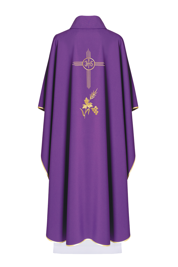 Purple chasuble embroidered with IHS motif