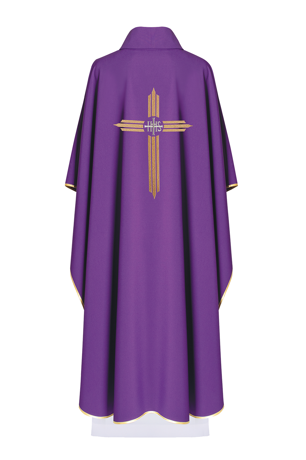 Purple embroidered chasuble with wide collar and IHS Cross