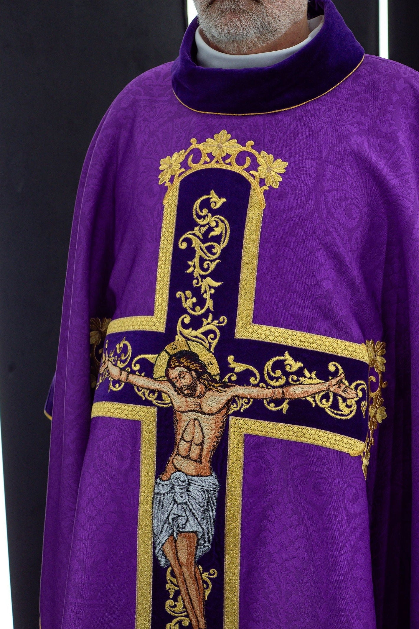 Purple chasuble with Jesus Christ on Cross embroidery