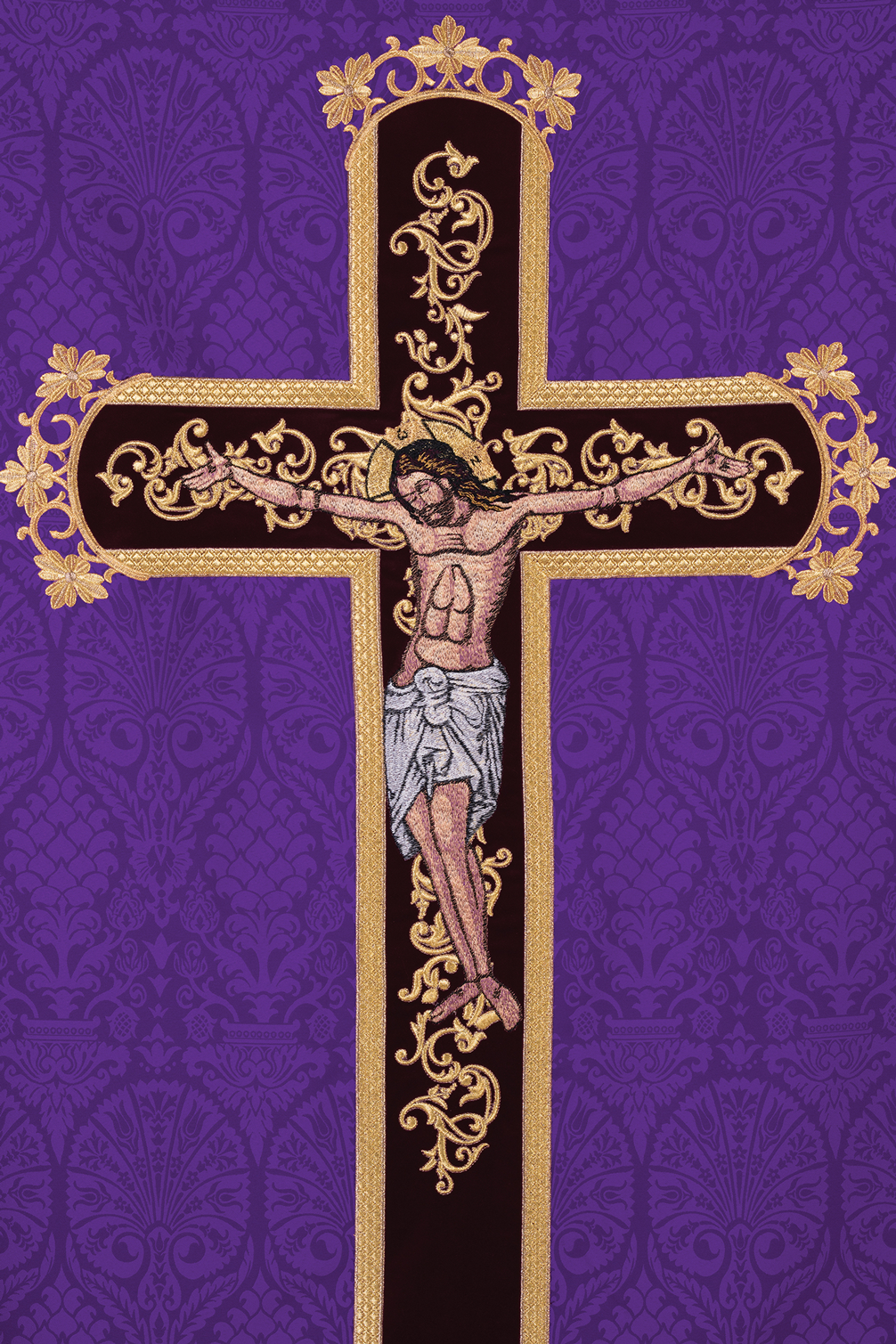 Purple chasuble with Jesus Christ on Cross embroidery