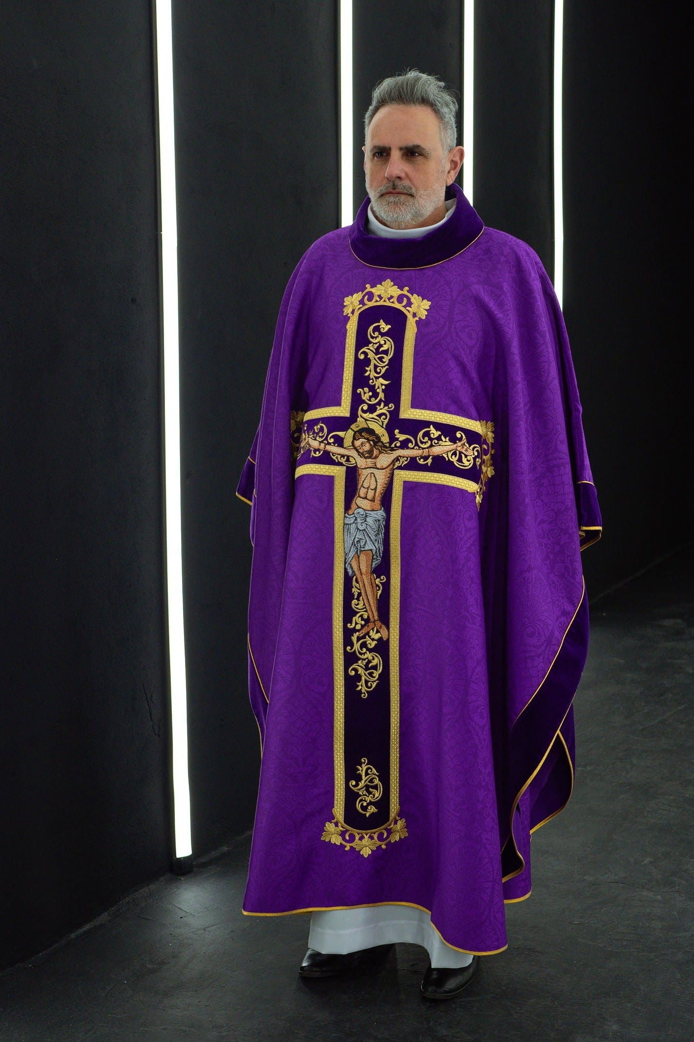 Purple chasuble with Jesus Christ on Cross embroidery