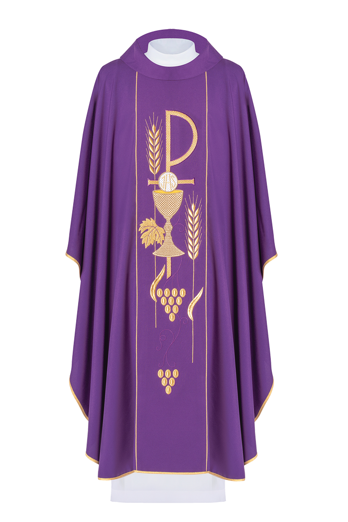 Purple chasuble embroidered with IHS Chalice pattern