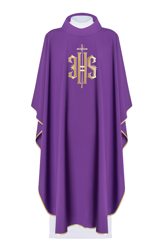 Purple chasuble embroidered with IHS motif