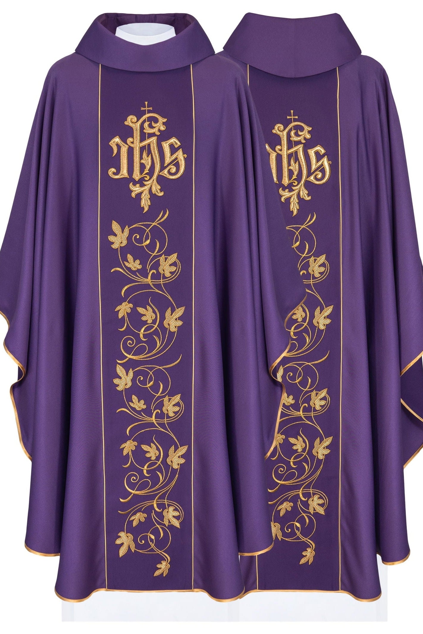 Purple liturgical chasuble with richly decorated belt with floral motif and IHS