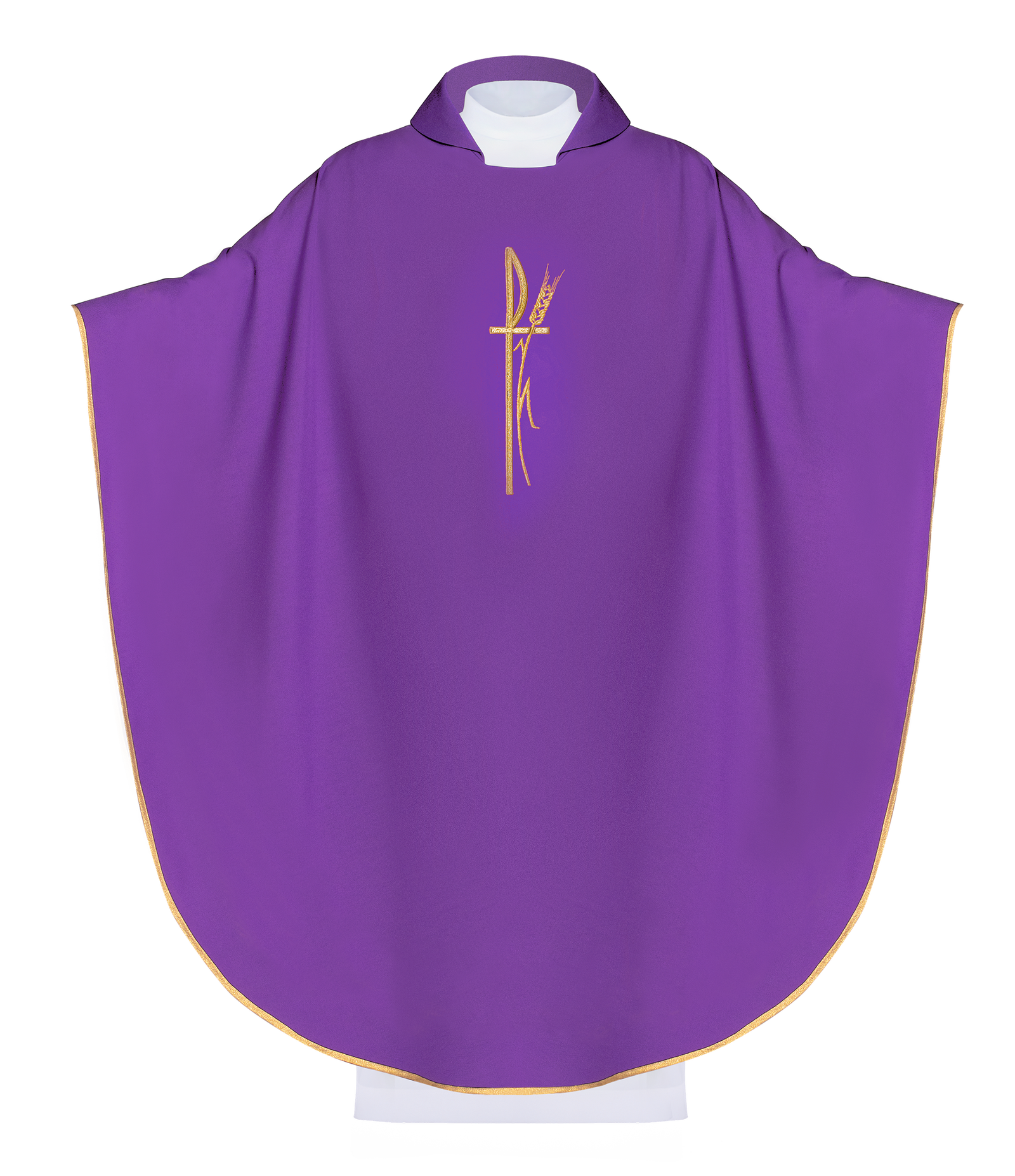 Purple liturgical chasuble with wide collar and delicately embroidered cross