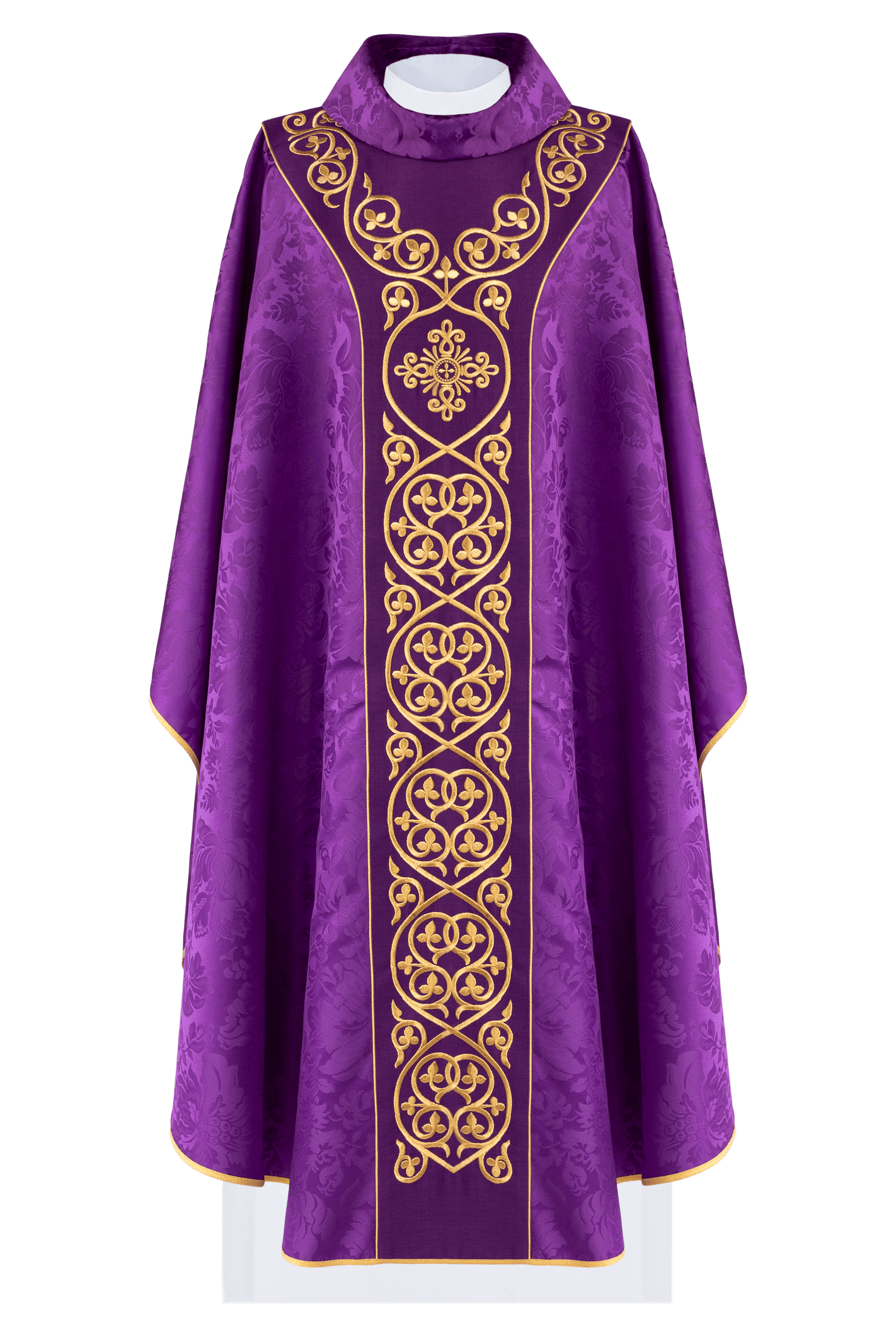 Purple liturgical chasuble decorated with velvet belt with embroidery