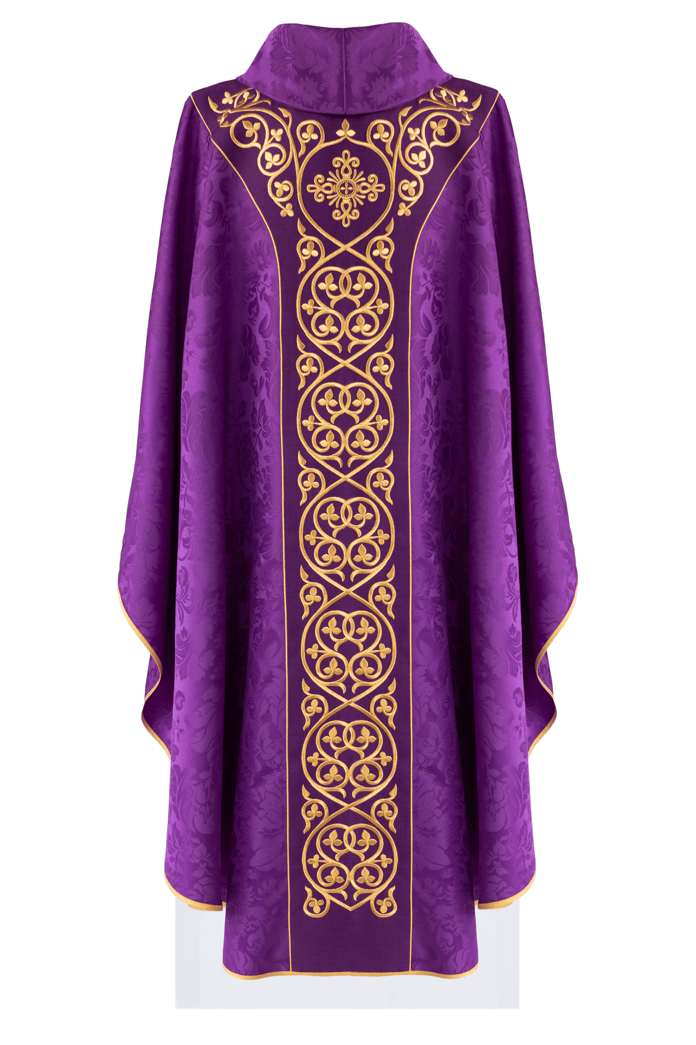 Purple liturgical chasuble decorated with velvet belt with embroidery