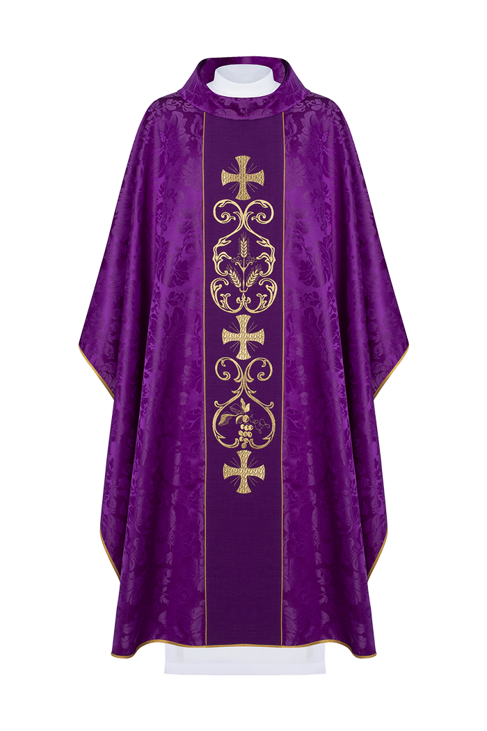 Purple liturgical chasuble decorated with an embroidered belt