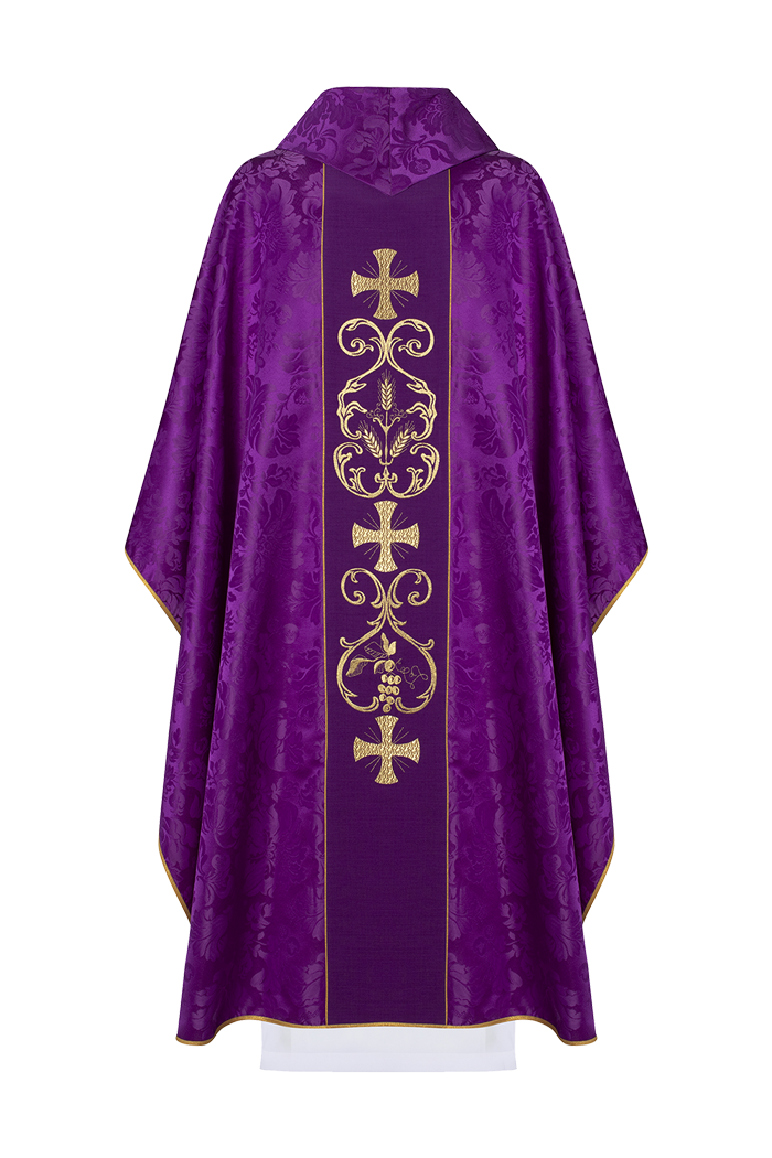 Purple liturgical chasuble decorated with an embroidered belt