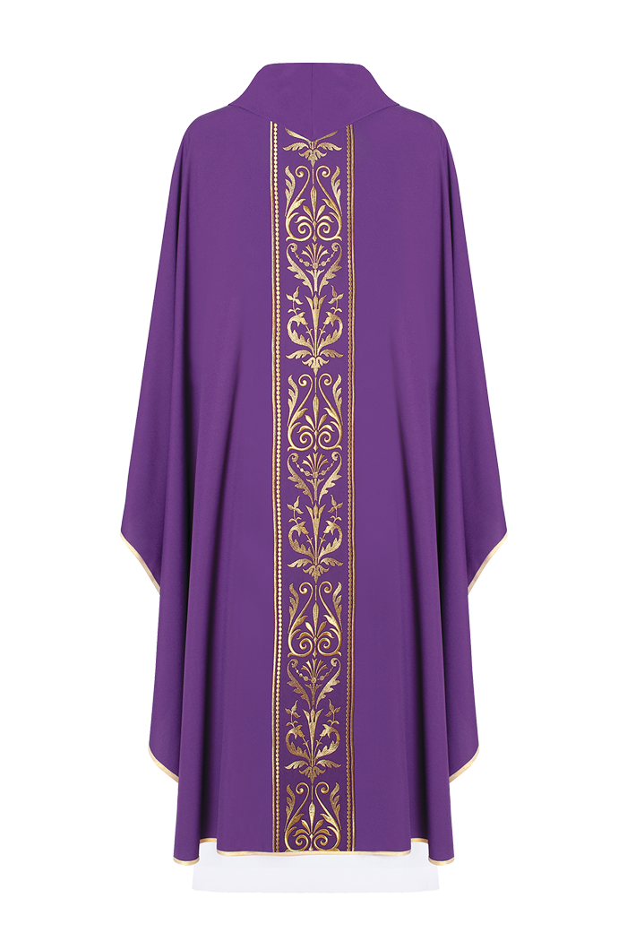 Purple liturgical chasuble decorated with a gold embroidered belt