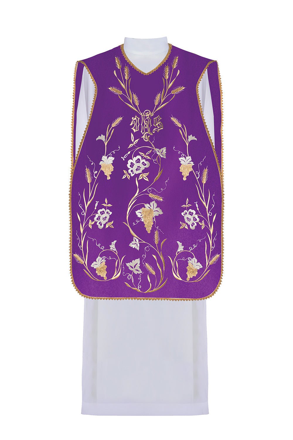 Purple Roman Chasuble with the motif of IHS, ears of wheat, and grapes