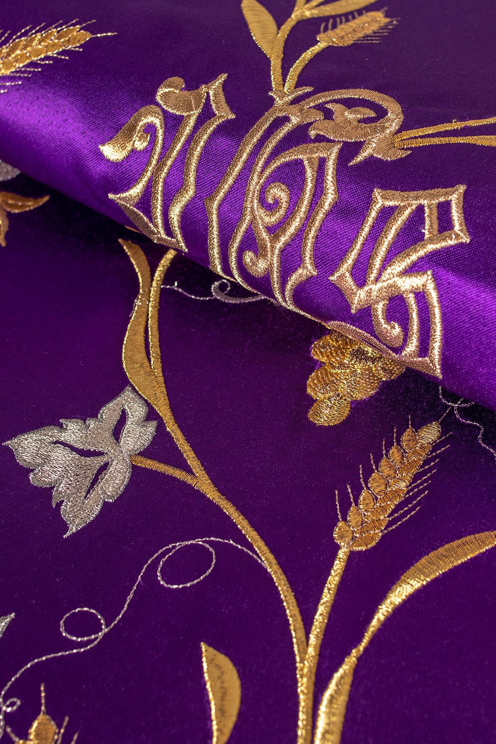 Purple Roman Chasuble with the motif of IHS, ears of wheat, and grapes