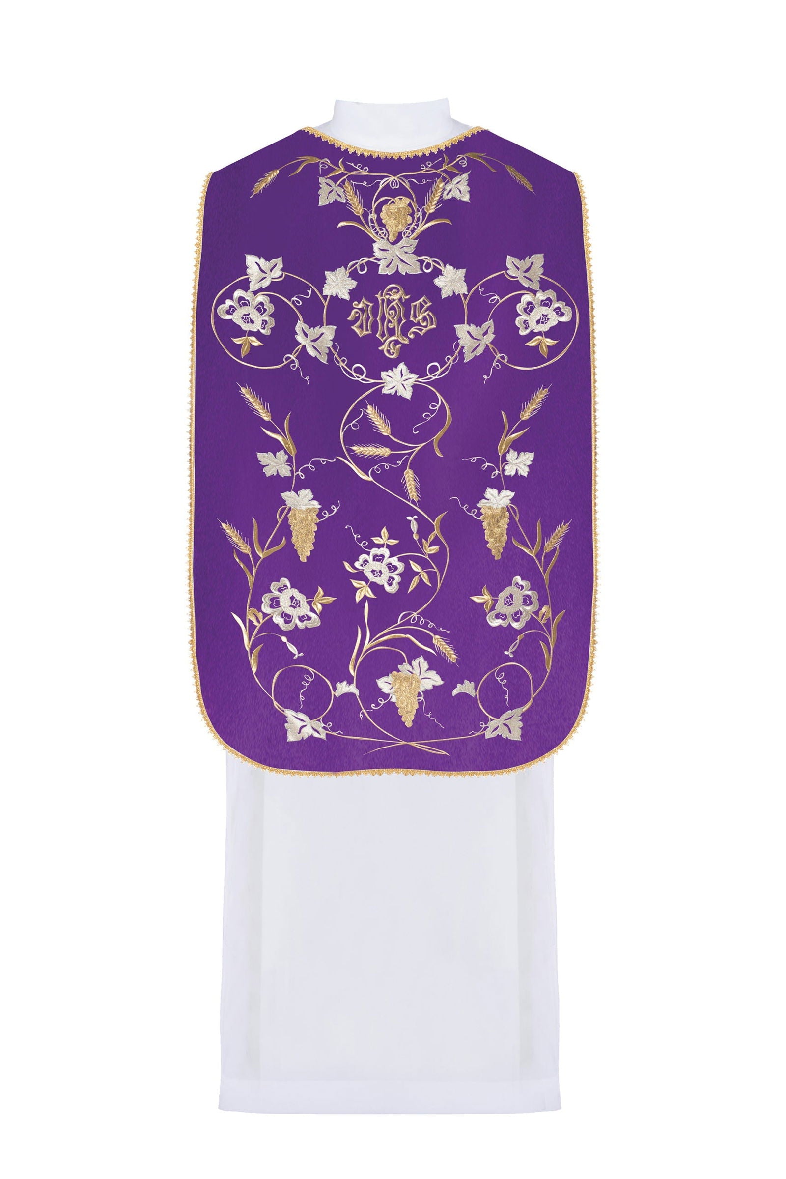 Purple Roman Chasuble with the motif of IHS, ears of wheat, and grapes