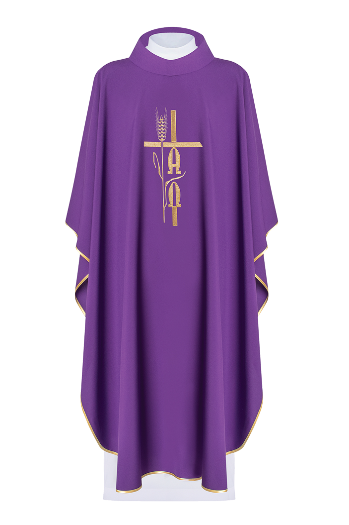 Purple chasuble with cross and alfa omega symbols