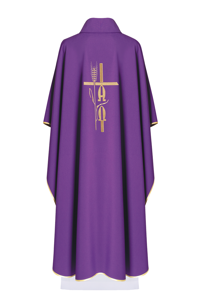 Purple chasuble with cross and alfa omega symbols