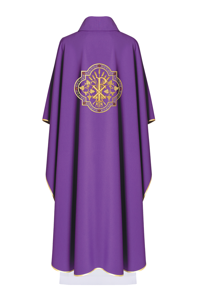 Purple chasuble with IHS and PAX embroidery