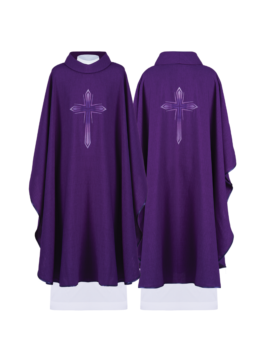 Purple chasuble with cross embroidery and purple piping - HAFTINAUSA.COM