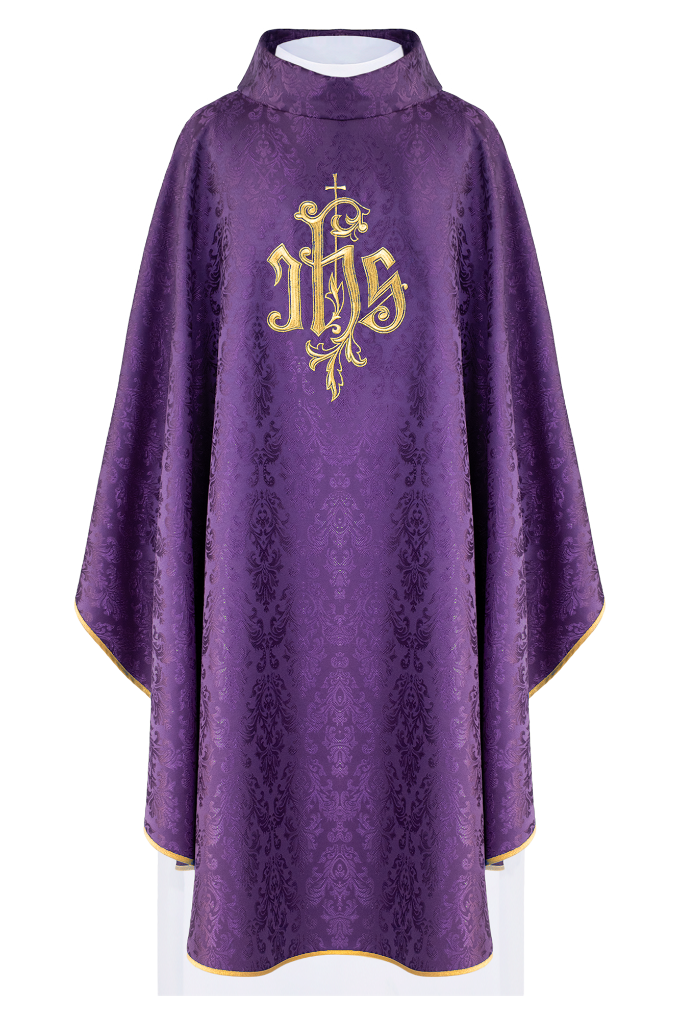 Purple chasuble made of floral ornamental texture with classic IHS