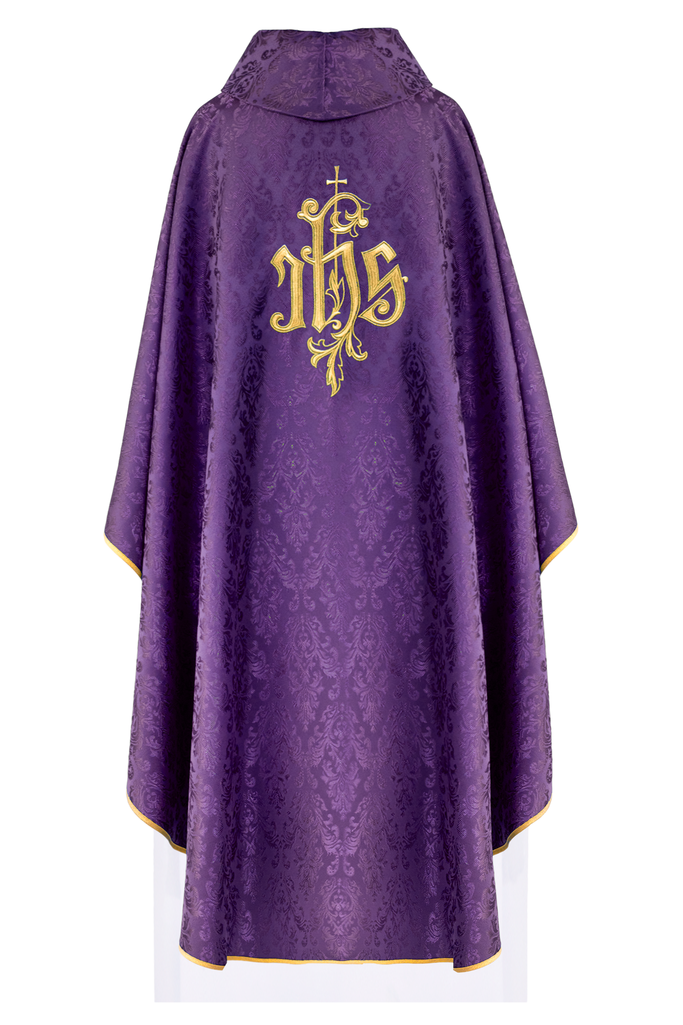 Purple chasuble made of floral ornamental texture with classic IHS